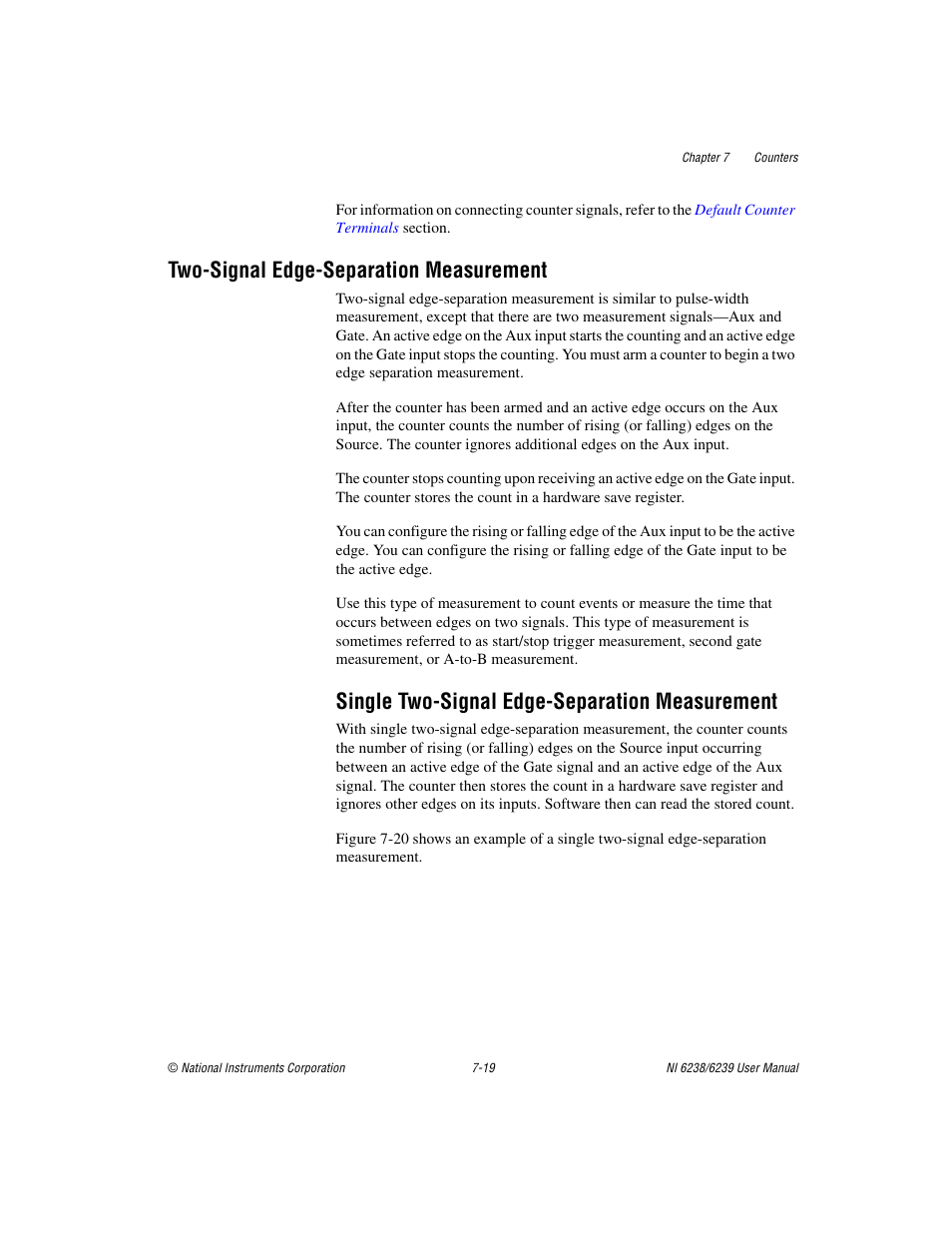 Two-signal edge-separation measurement, Single two-signal edge-separation measurement, Measurements using two pulse encoders -18 | Two-signal edge-separation measurement -19 | National Instruments NI 6238 User Manual | Page 84 / 172