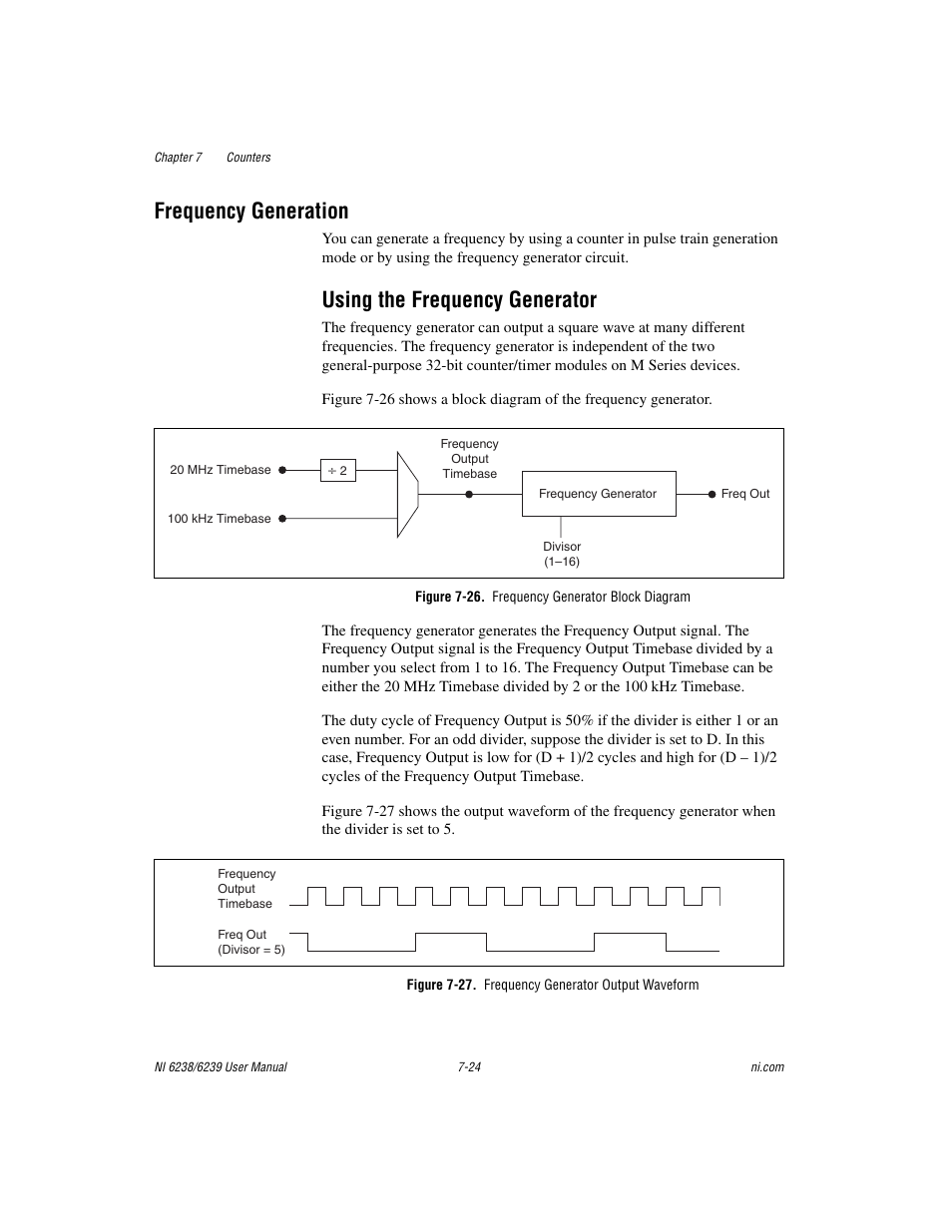 Frequency generation, Using the frequency generator, Figure 7-26. frequency generator block diagram | Figure 7-27. frequency generator output waveform, Continuous pulse train generation -23, Frequency generation -24 | National Instruments NI 6238 User Manual | Page 89 / 172