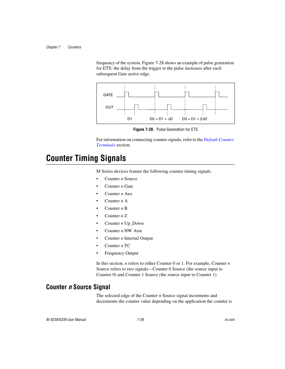 Figure 7-28. pulse generation for ets, Counter timing signals, Counter n source signal | Counter timing signals -26, Counter n source signal -26 | National Instruments NI 6238 User Manual | Page 91 / 172