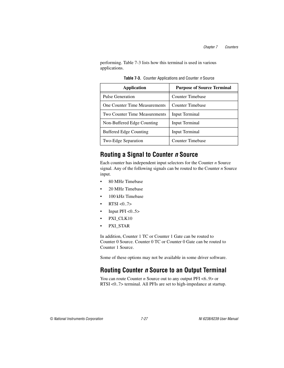 Routing a signal to counter n source, Routing counter n source to an output terminal | National Instruments NI 6238 User Manual | Page 92 / 172