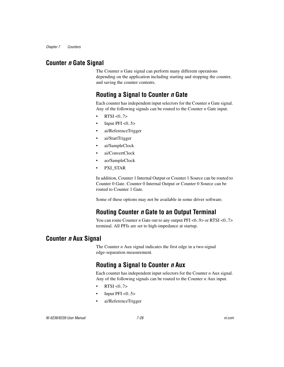 Counter n gate signal, Routing a signal to counter n gate, Routing counter n gate to an output terminal | Counter n aux signal, Routing a signal to counter n aux, Counter n gate signal -28, Counter n aux signal -28, Routing a signal to counter n aux -28 | National Instruments NI 6238 User Manual | Page 93 / 172