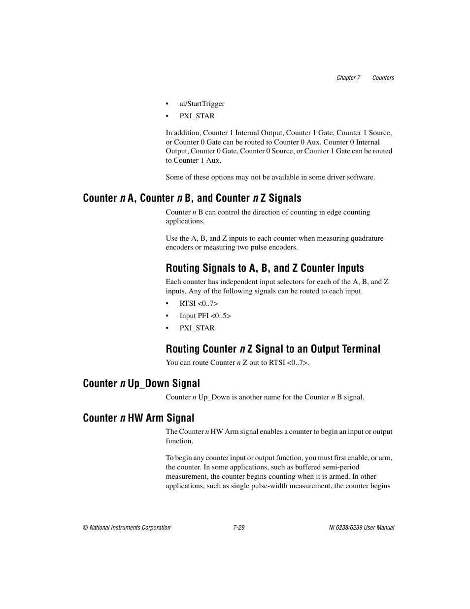 Counter n a, counter n b, and counter n z signals, Routing signals to a, b, and z counter inputs, Routing counter n z signal to an output terminal | Counter n up_down signal, Counter n hw arm signal | National Instruments NI 6238 User Manual | Page 94 / 172