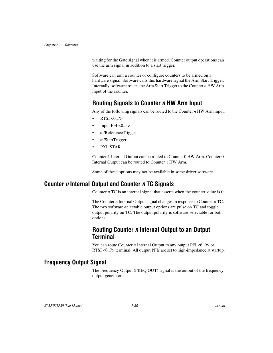 Routing signals to counter n hw arm input, Counter n internal output and counter n tc signals, Frequency output signal | Routing signals to counter n hw arm input -30, Frequency output signal -30 | National Instruments NI 6238 User Manual | Page 95 / 172