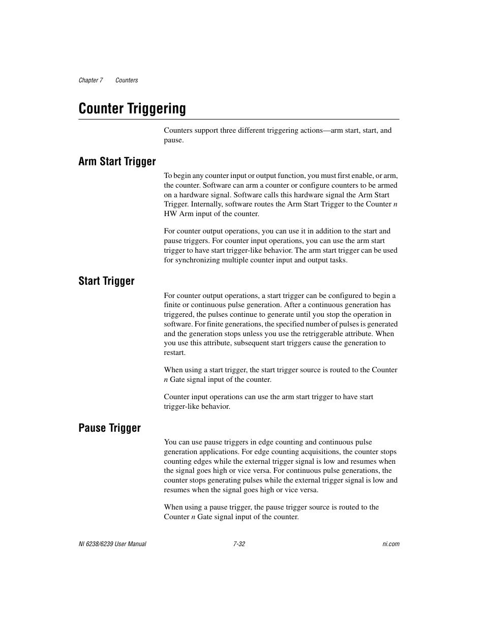 Counter triggering, Arm start trigger, Start trigger | Pause trigger, Counter triggering -32 | National Instruments NI 6238 User Manual | Page 97 / 172