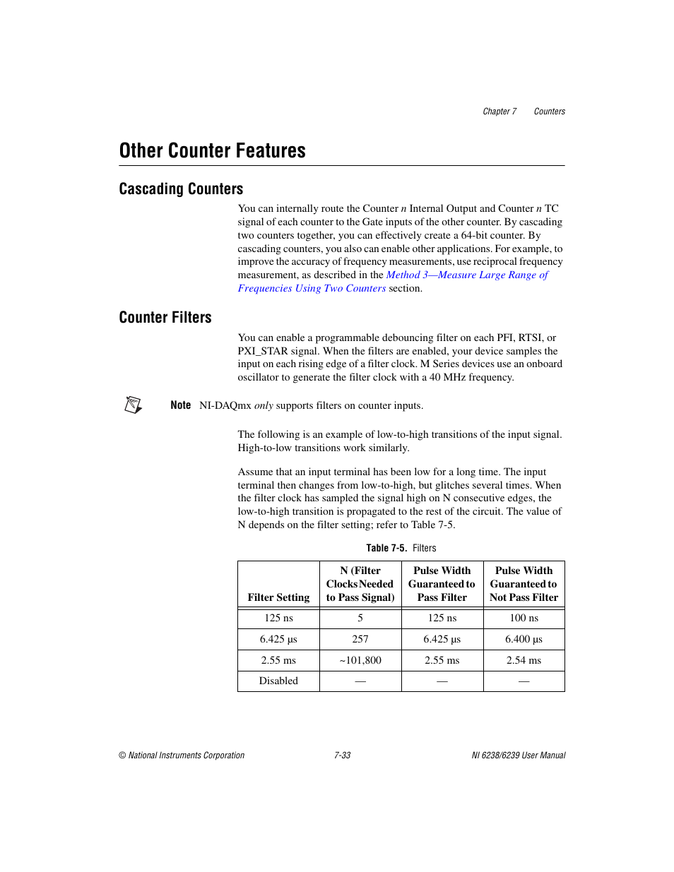 Other counter features, Cascading counters, Counter filters | Table 7-5. filters, Other counter features -33, Cascading counters -33 counter filters -33 | National Instruments NI 6238 User Manual | Page 98 / 172