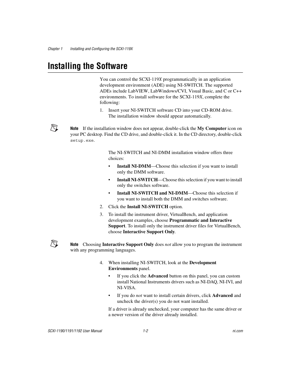 Installing the software, Installing the software -2 | National Instruments 1192 User Manual | Page 10 / 54