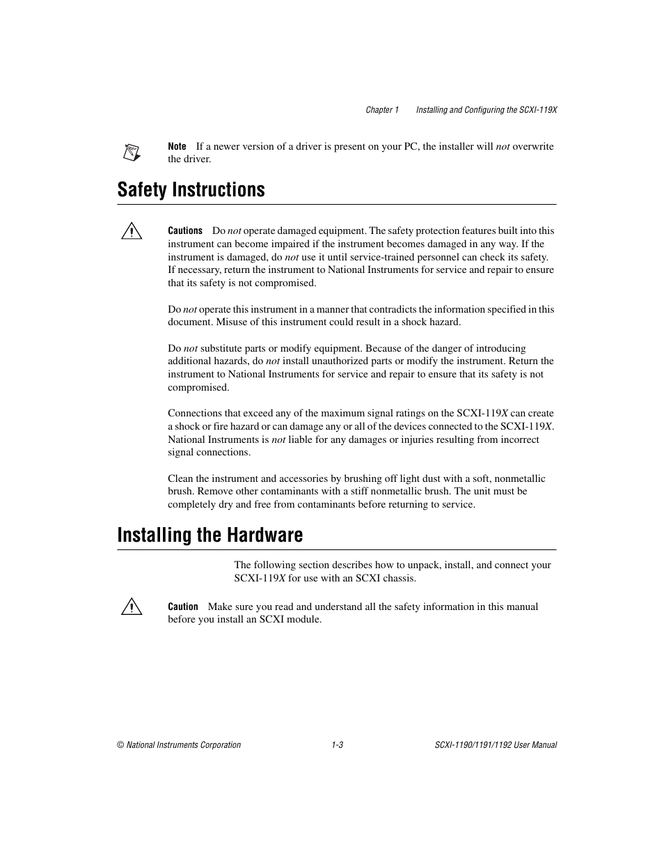 Safety instructions, Installing the hardware, Safety instructions -3 installing the hardware -3 | National Instruments 1192 User Manual | Page 11 / 54