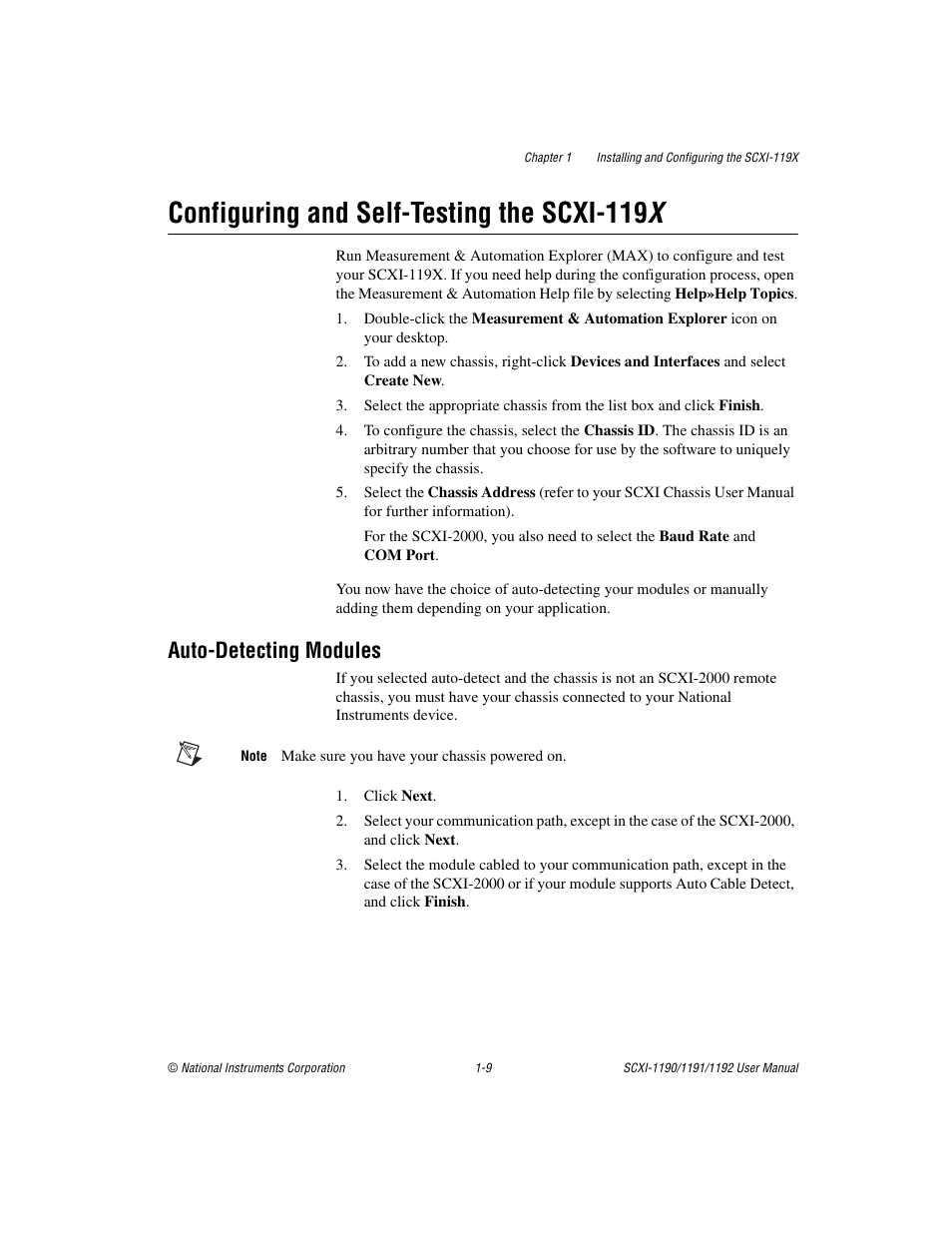 Configuring and selftesting the scxi-119x, Autodetecting modules, Configuring and self-testing the scxi-119 x -9 | Auto-detecting modules -9, Configuring and self-testing the scxi-119 x, Auto-detecting modules | National Instruments 1192 User Manual | Page 17 / 54