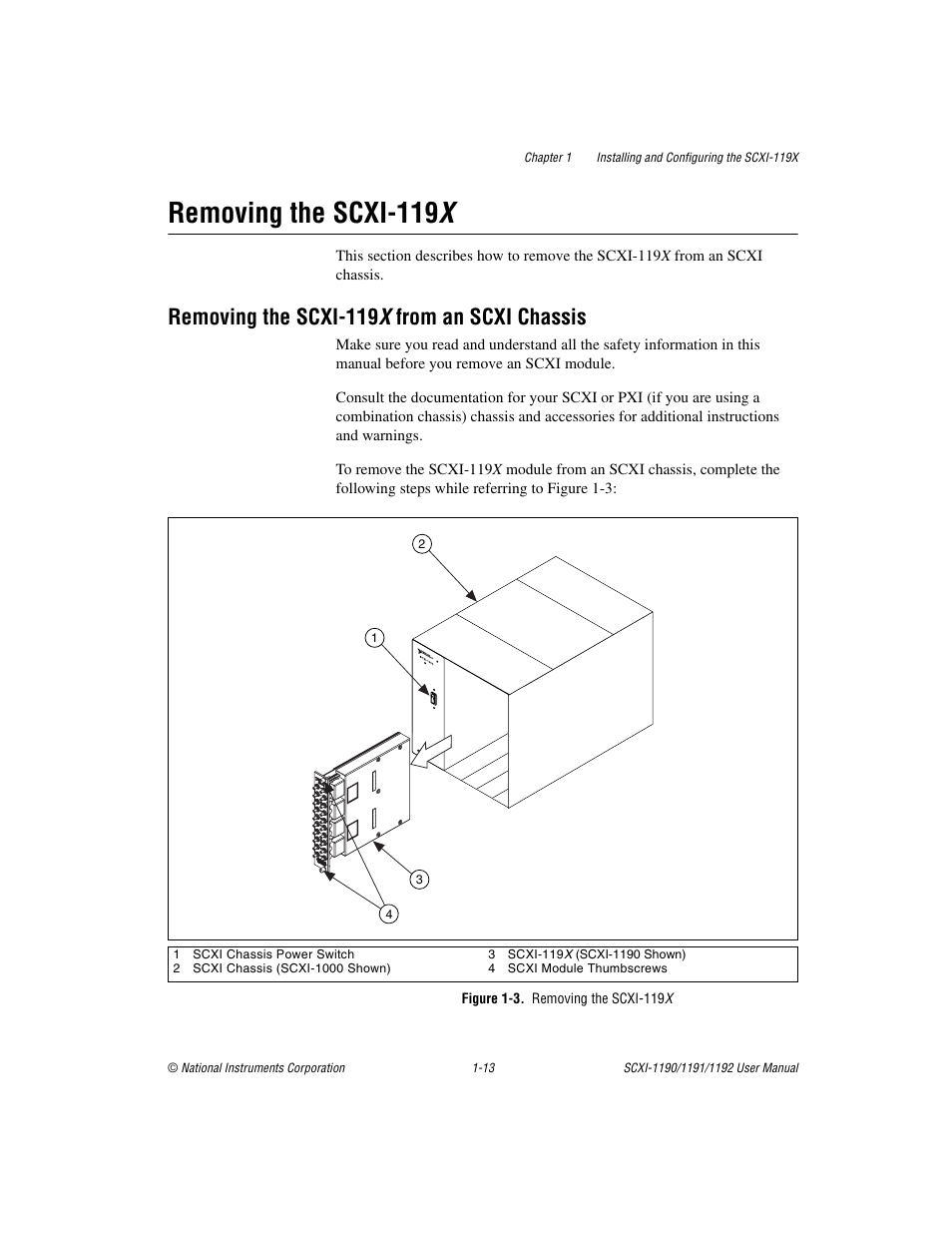 Removing the scxi-119x, Removing the scxi-119x from an scxi chassis, Figure 1-3. removing the scxi-119x | Removing the scxi-119 x -13, Removing the scxi-119 x from an scxi chassis -13, Removing the, Scxi-119x from an scxi chassis, Removing the scxi-119 x, Removing the scxi-119 x from an scxi chassis | National Instruments 1192 User Manual | Page 21 / 54