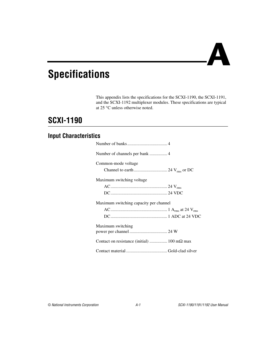 Appendix a specifications, Ix a, Specifications | Scxi-1190 | National Instruments 1192 User Manual | Page 32 / 54