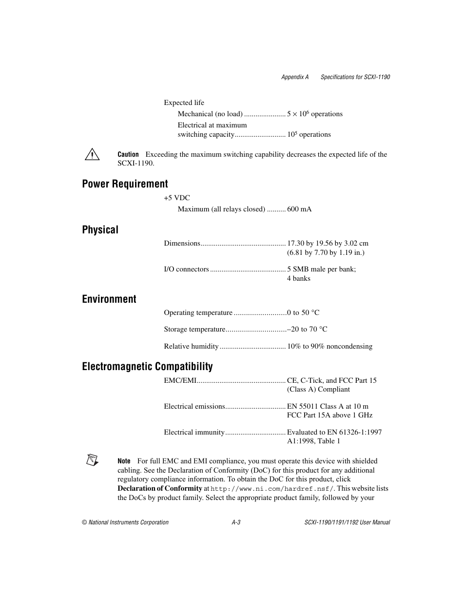 Power requirement, Physical, Environment | Electromagnetic compatibility | National Instruments 1192 User Manual | Page 34 / 54