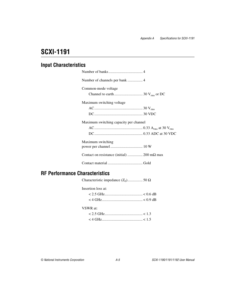 Scxi-1191, Input characteristics, Rf performance characteristics | National Instruments 1192 User Manual | Page 36 / 54