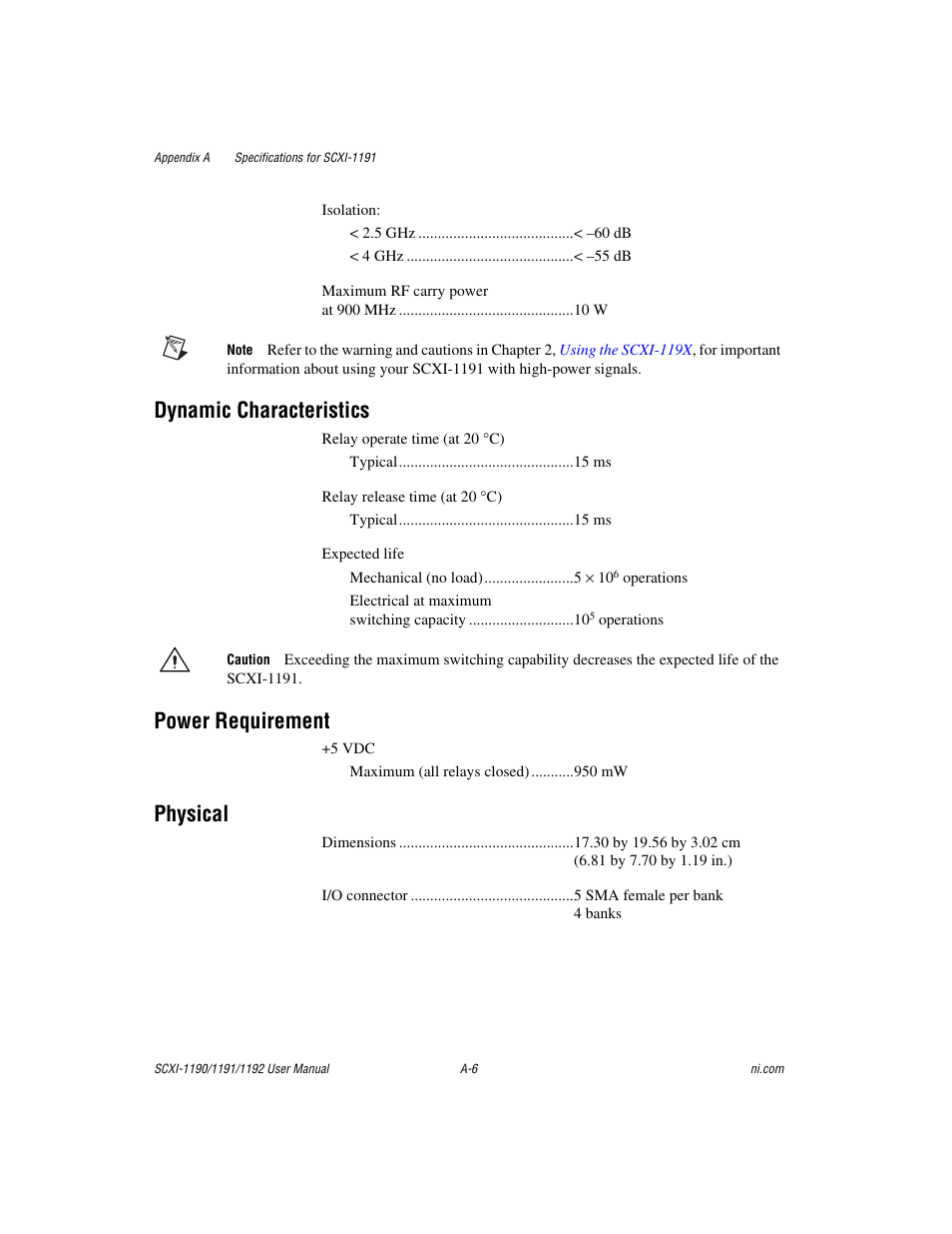 Dynamic characteristics, Power requirement, Physical | National Instruments 1192 User Manual | Page 37 / 54