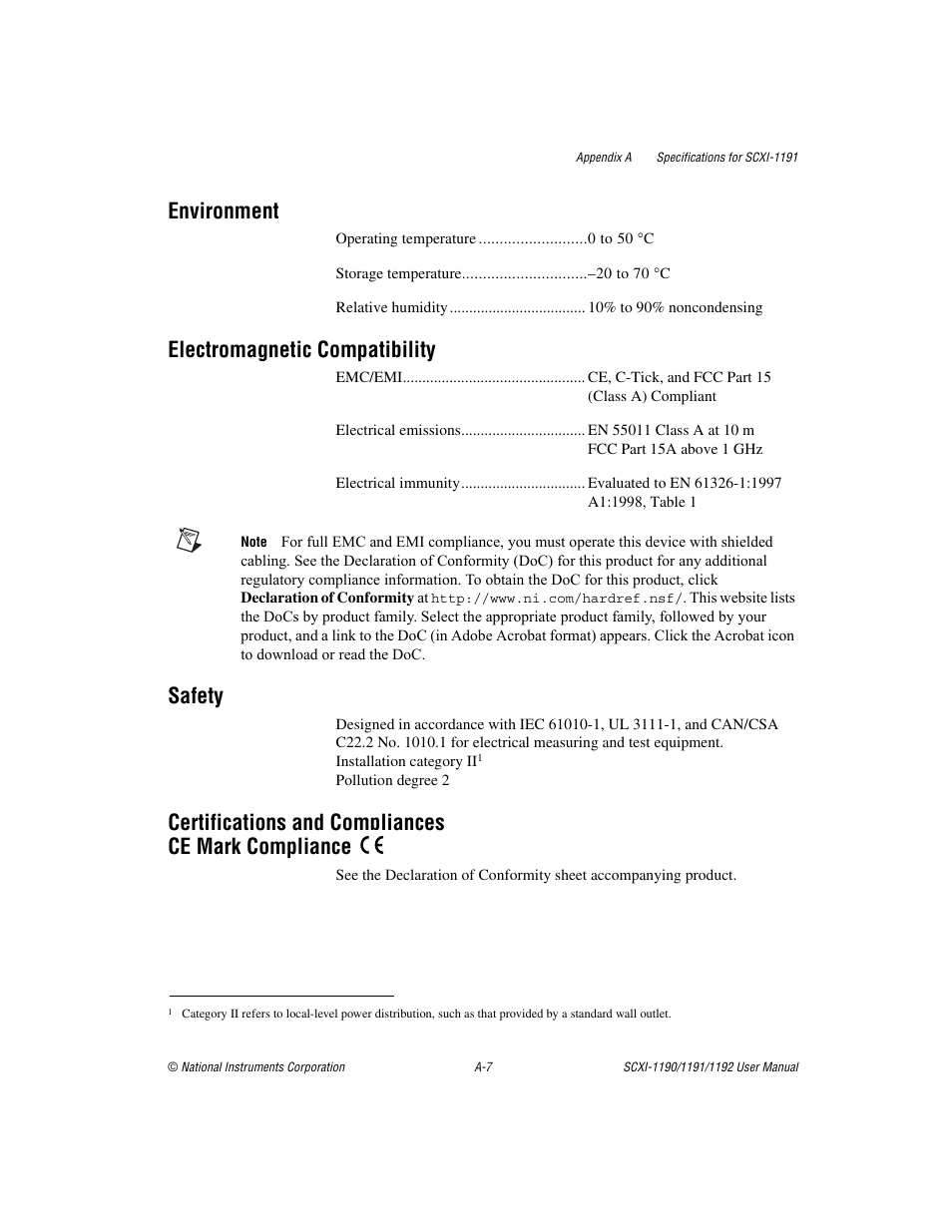 Environment, Electromagnetic compatibility, Safety | Certifications and compliances ce mark compliance | National Instruments 1192 User Manual | Page 38 / 54
