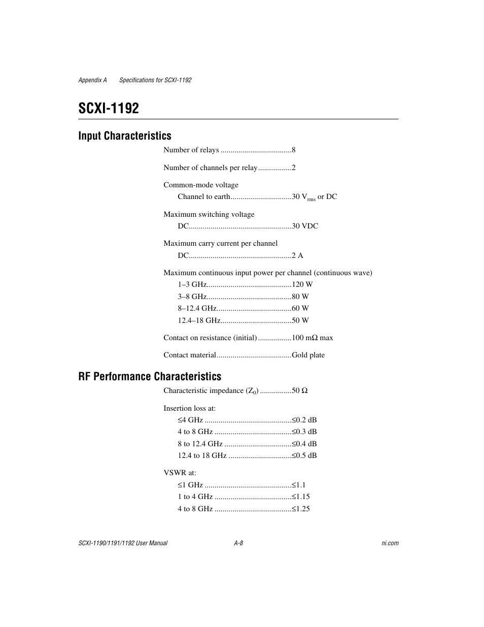 Scxi-1192, Input characteristics, Rf performance characteristics | National Instruments 1192 User Manual | Page 39 / 54