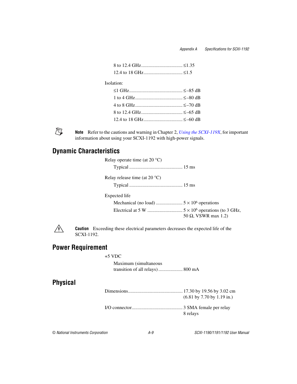 Dynamic characteristics, Power requirement, Physical | National Instruments 1192 User Manual | Page 40 / 54