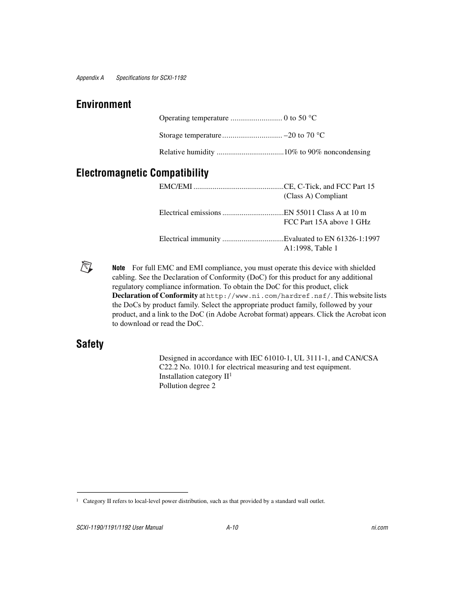 Environment, Electromagnetic compatibility, Safety | National Instruments 1192 User Manual | Page 41 / 54