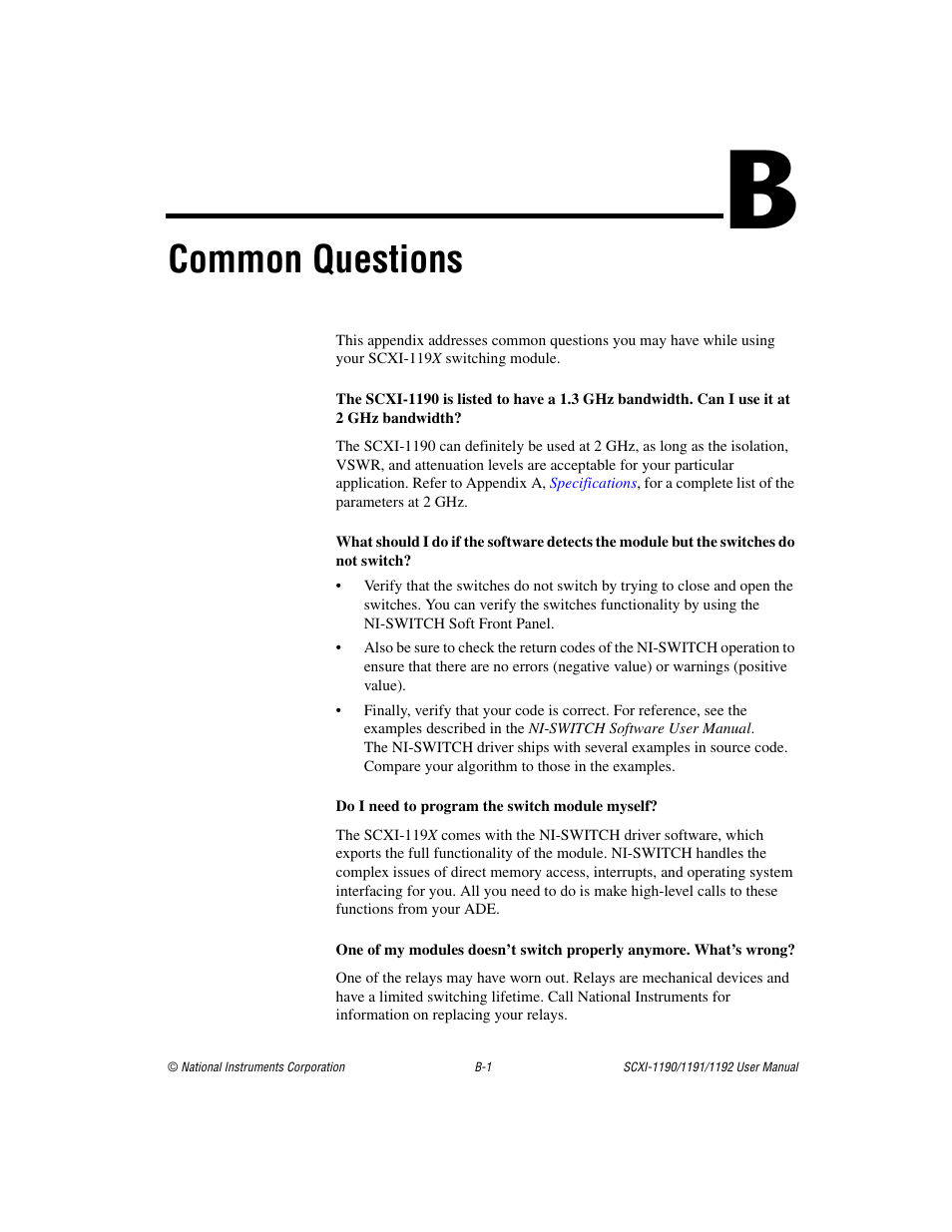 Appendix b common questions, Common questions | National Instruments 1192 User Manual | Page 42 / 54