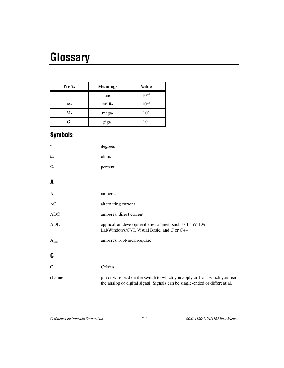 Glossary, Symbols | National Instruments 1192 User Manual | Page 46 / 54
