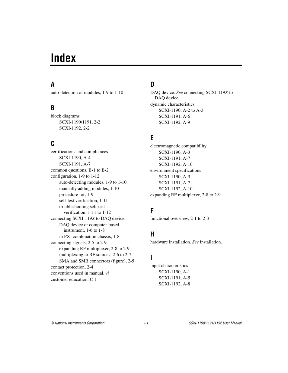Index | National Instruments 1192 User Manual | Page 50 / 54