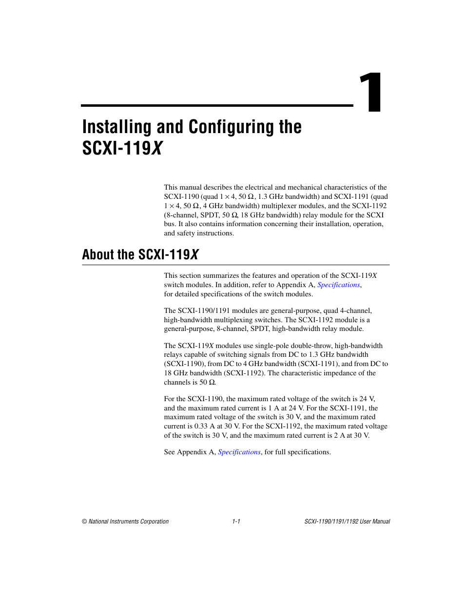 Chapter 1 installing and configuring the scxi-119x, About the scxi-119x, About the scxi-119 x -1 | Installing and configuring the scxi-119 x, About the scxi-119 x | National Instruments 1192 User Manual | Page 9 / 54