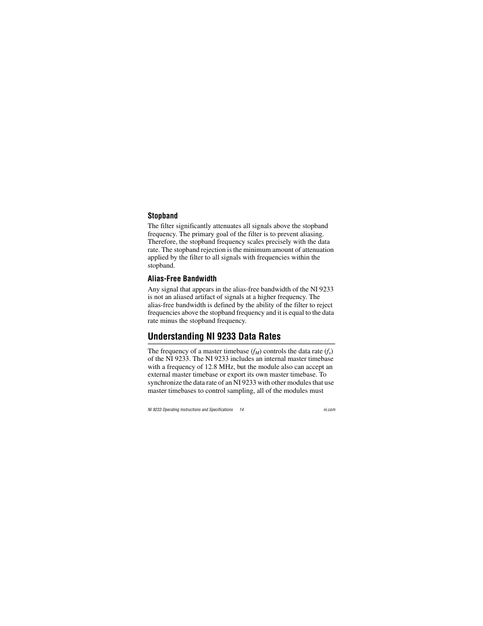 Stopband, Alias-free bandwidth, Understanding ni 9233 data rates | National Instruments NI 9233 User Manual | Page 14 / 34