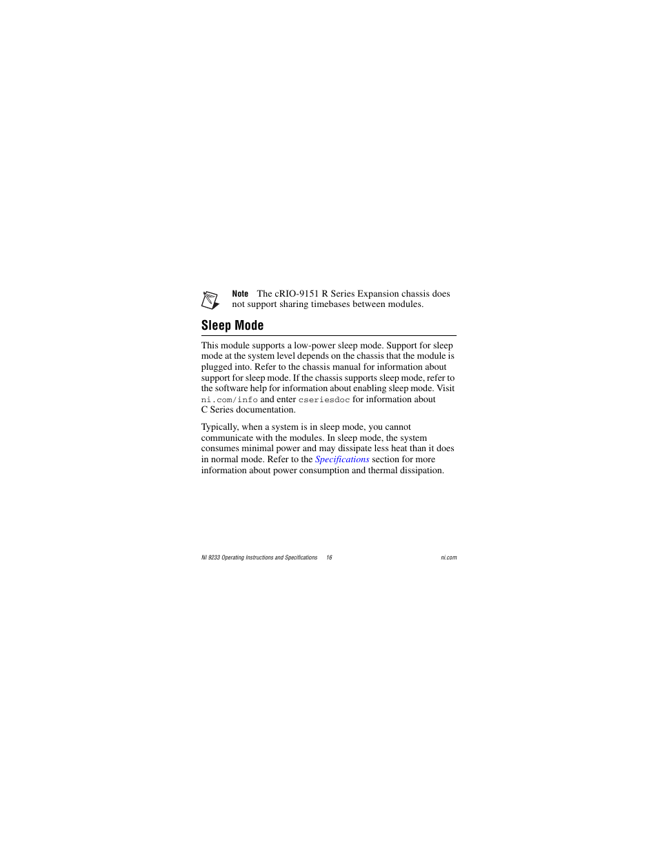 Sleep mode | National Instruments NI 9233 User Manual | Page 16 / 34