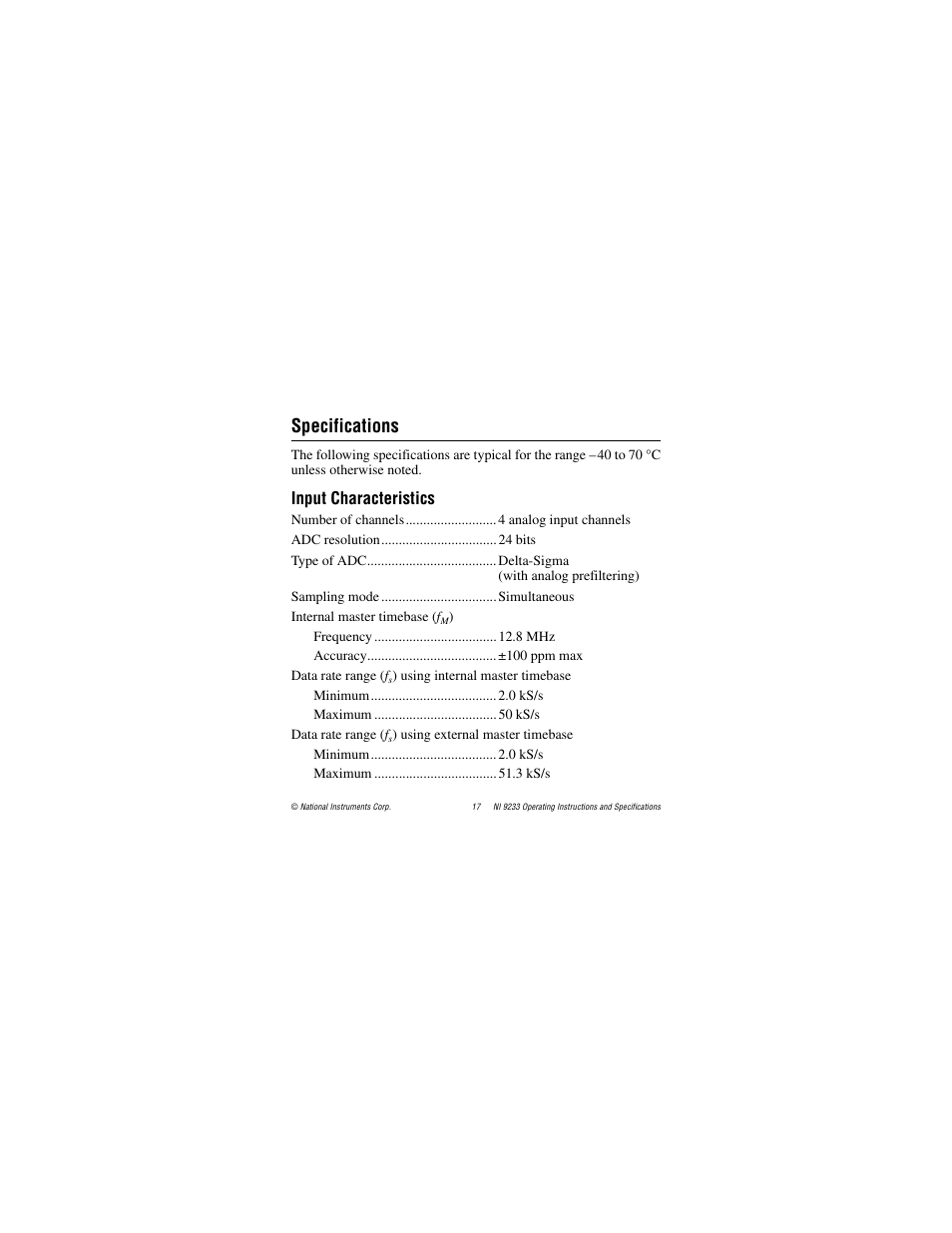 Specifications, Input characteristics | National Instruments NI 9233 User Manual | Page 17 / 34