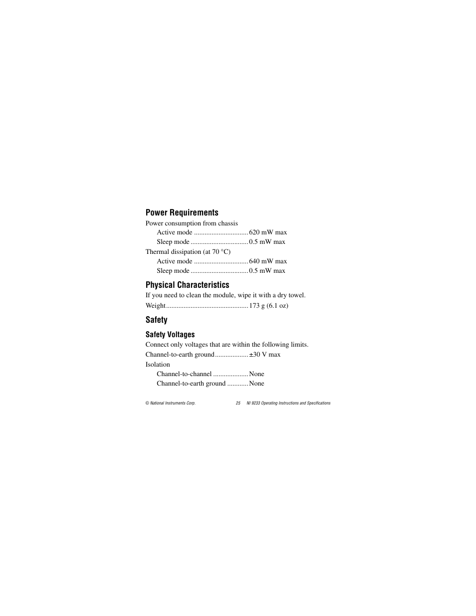 Power requirements, Physical characteristics, Safety | Safety voltages | National Instruments NI 9233 User Manual | Page 25 / 34