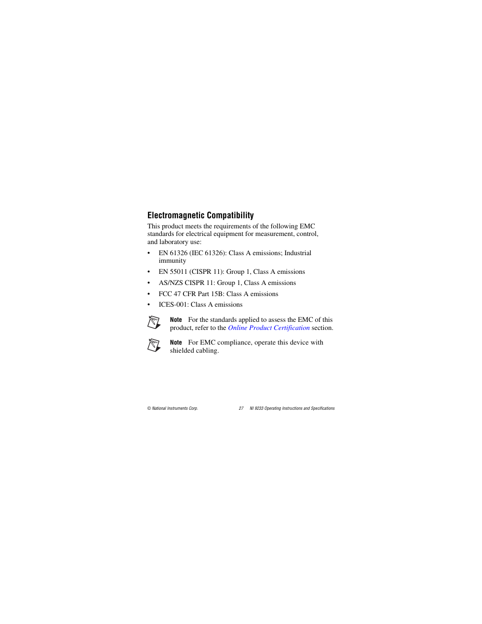 Electromagnetic compatibility | National Instruments NI 9233 User Manual | Page 27 / 34
