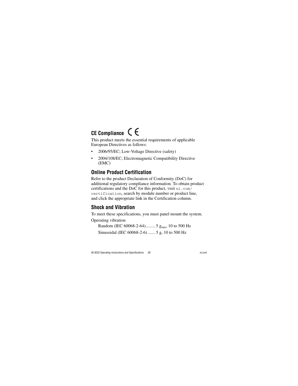 Ce compliance, Online product certification, Shock and vibration | National Instruments NI 9233 User Manual | Page 28 / 34