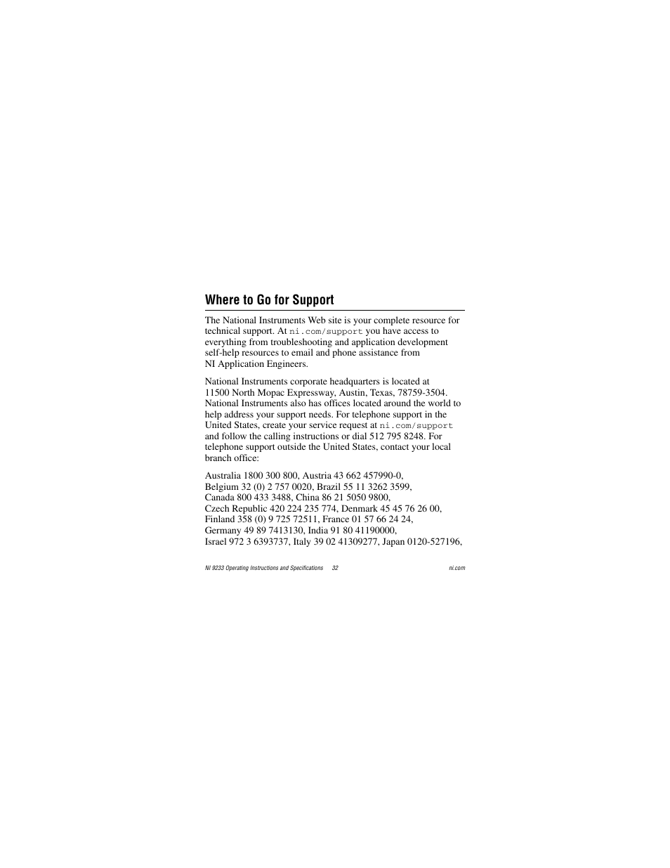 Where to go for support | National Instruments NI 9233 User Manual | Page 32 / 34