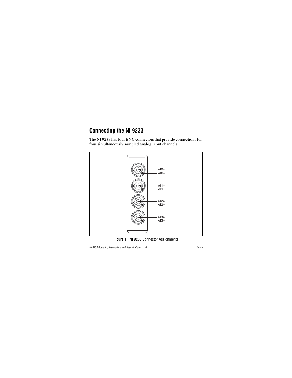 Connecting the ni 9233, Figure 1. ni 9233 connector assignments | National Instruments NI 9233 User Manual | Page 6 / 34