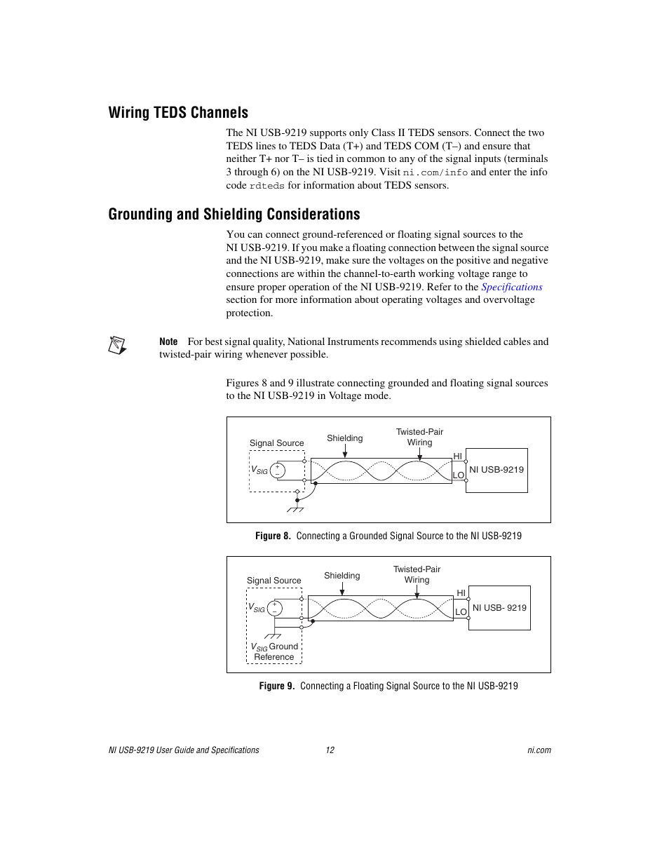 Wiring teds channels, Grounding and shielding considerations | National Instruments NI USB-9219 User Manual | Page 12 / 25