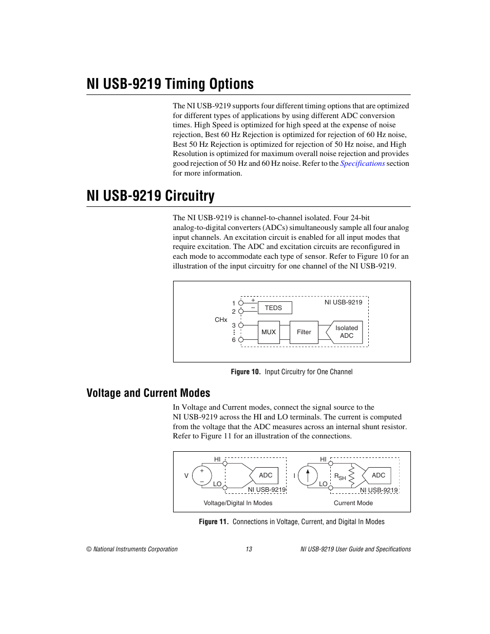 Ni usb-9219 timing options, Ni usb-9219 circuitry, Figure 10. input circuitry for one channel | Voltage and current modes | National Instruments NI USB-9219 User Manual | Page 13 / 25