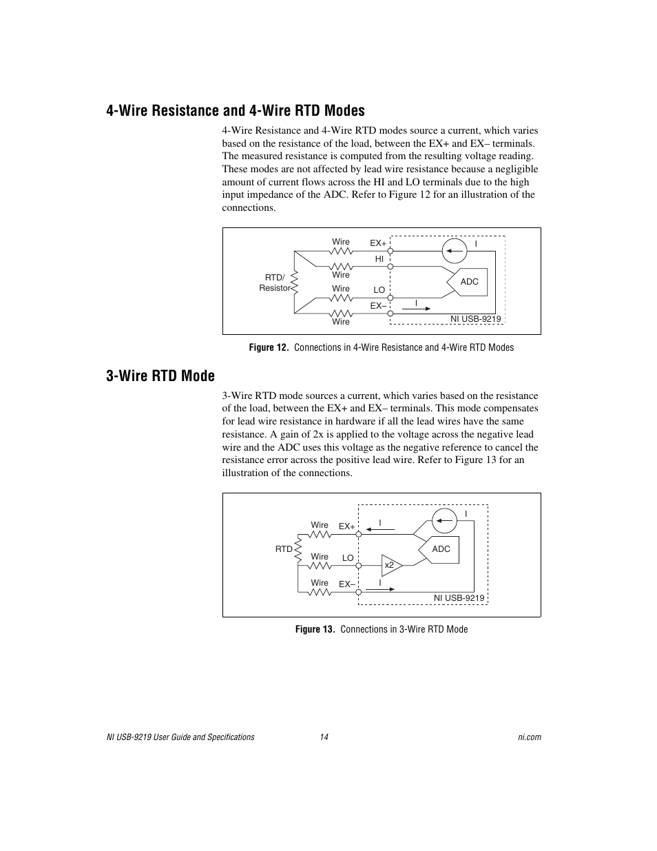 Wire resistance and 4-wire rtd modes, Wire rtd mode, Figure 13. connections in 3-wire rtd mode | National Instruments NI USB-9219 User Manual | Page 14 / 25