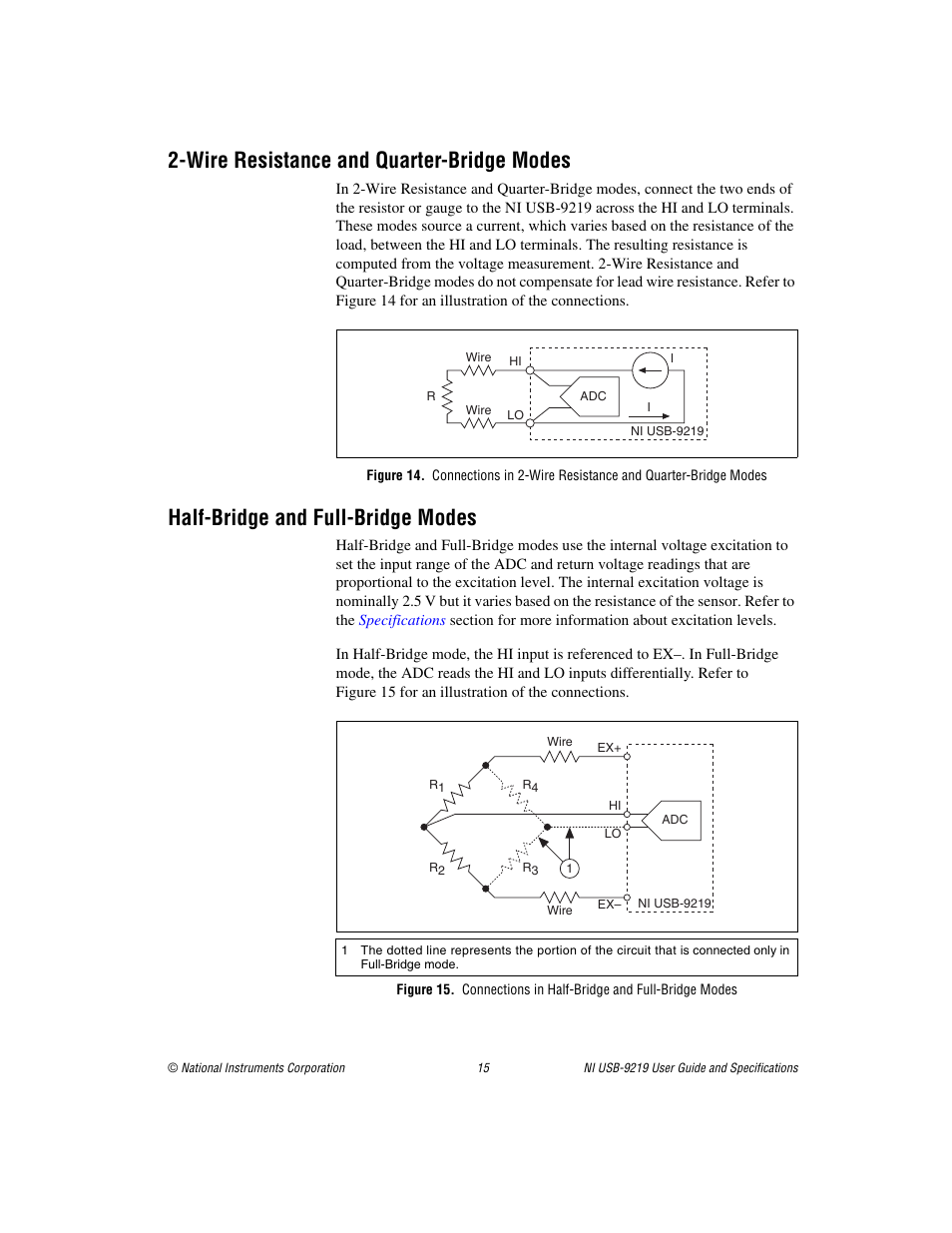 Wire resistance and quarter-bridge modes, Half-bridge and full-bridge modes | National Instruments NI USB-9219 User Manual | Page 15 / 25