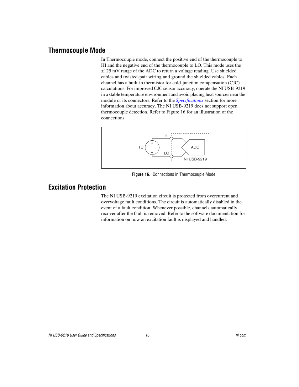 Thermocouple mode, Figure 16. connections in thermocouple mode, Excitation protection | National Instruments NI USB-9219 User Manual | Page 16 / 25