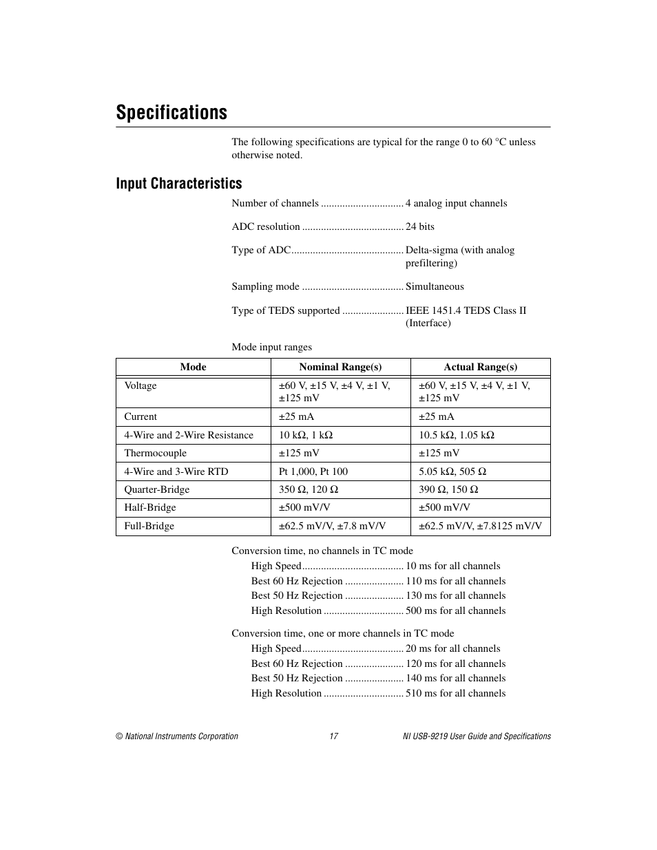 Specifications, Input characteristics, Section | National Instruments NI USB-9219 User Manual | Page 17 / 25