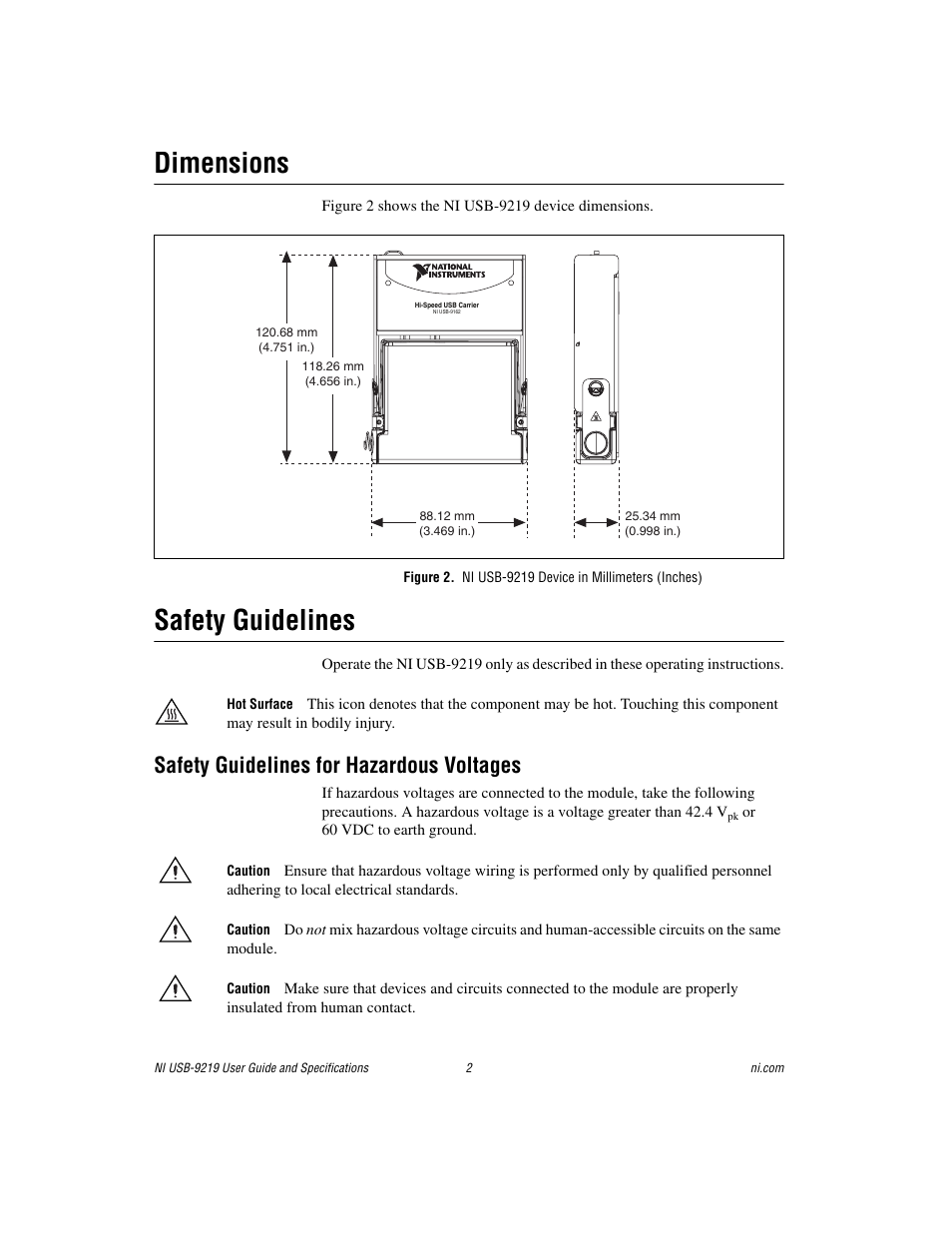 Dimensions, Safety guidelines, Safety guidelines for hazardous voltages | National Instruments NI USB-9219 User Manual | Page 2 / 25