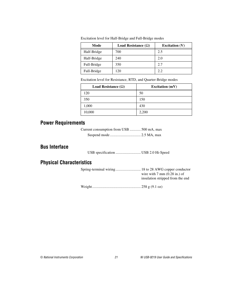 Power requirements, Physical characteristics, Bus interface | National Instruments NI USB-9219 User Manual | Page 21 / 25