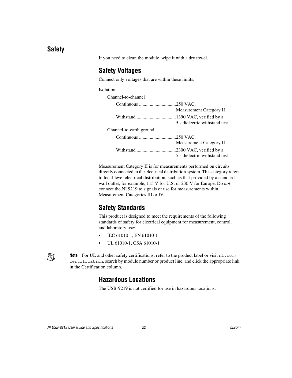 Safety, Safety voltages, Safety standards | Hazardous locations | National Instruments NI USB-9219 User Manual | Page 22 / 25