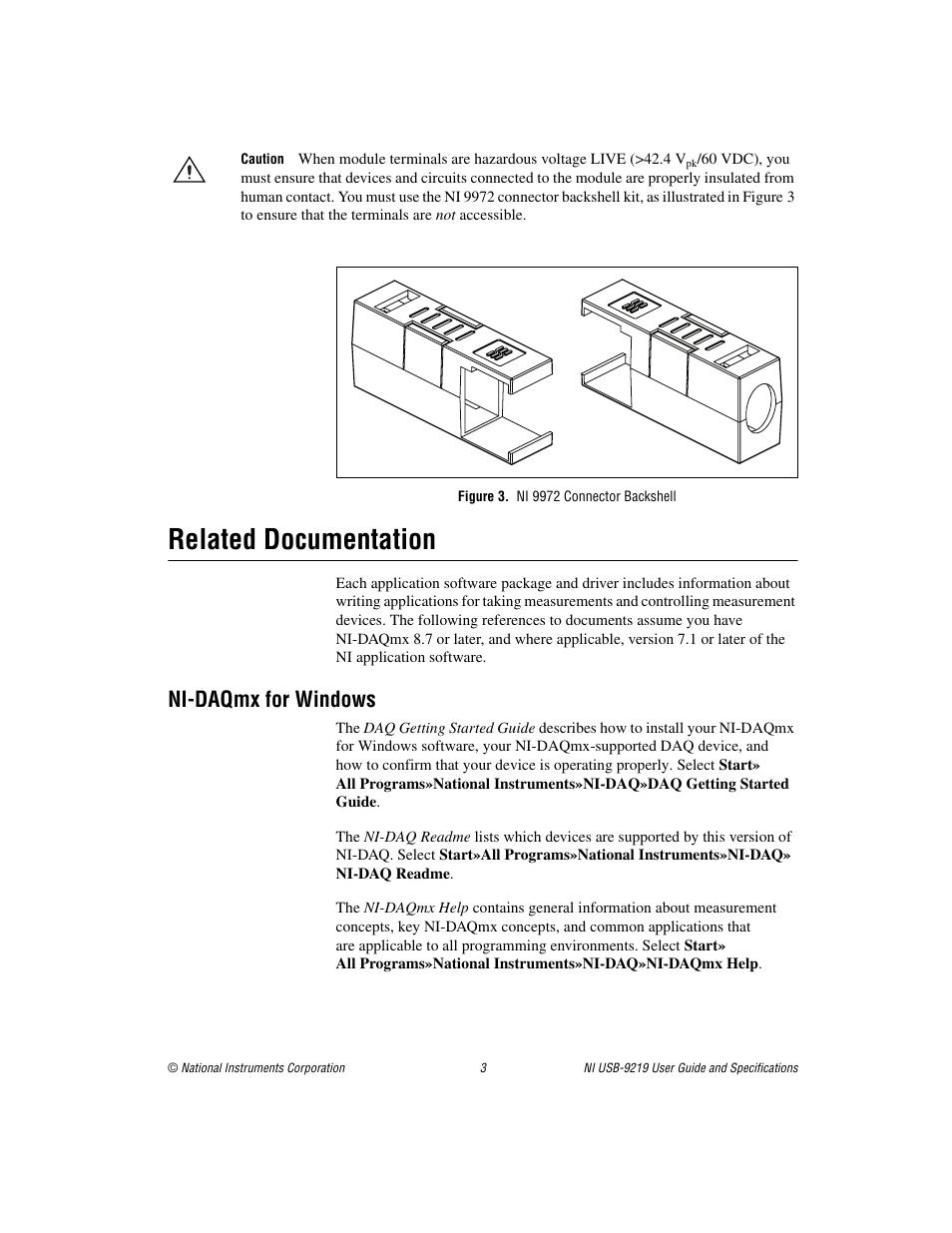 Figure 3. ni 9972 connector backshell, Related documentation, Ni-daqmx for windows | National Instruments NI USB-9219 User Manual | Page 3 / 25