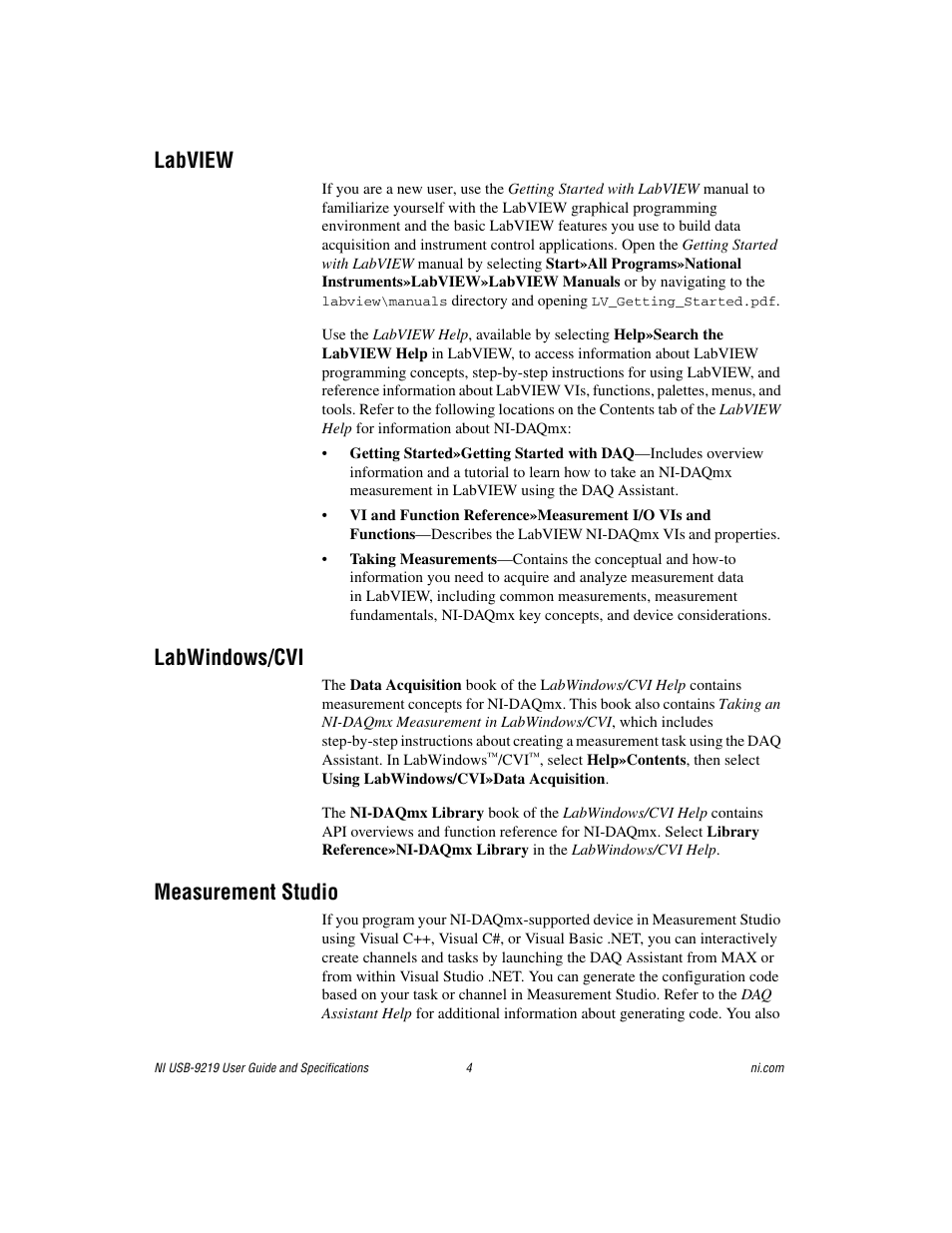 Labview, Labwindows/cvi, Measurement studio | National Instruments NI USB-9219 User Manual | Page 4 / 25