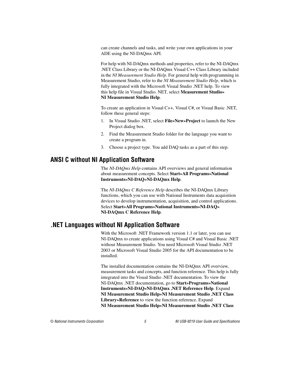 Net languages without ni application software, Ansi c without ni application software | National Instruments NI USB-9219 User Manual | Page 5 / 25