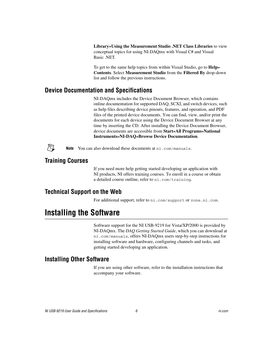 Device documentation and specifications, Training courses, Technical support on the web | Installing the software, Installing other software | National Instruments NI USB-9219 User Manual | Page 6 / 25