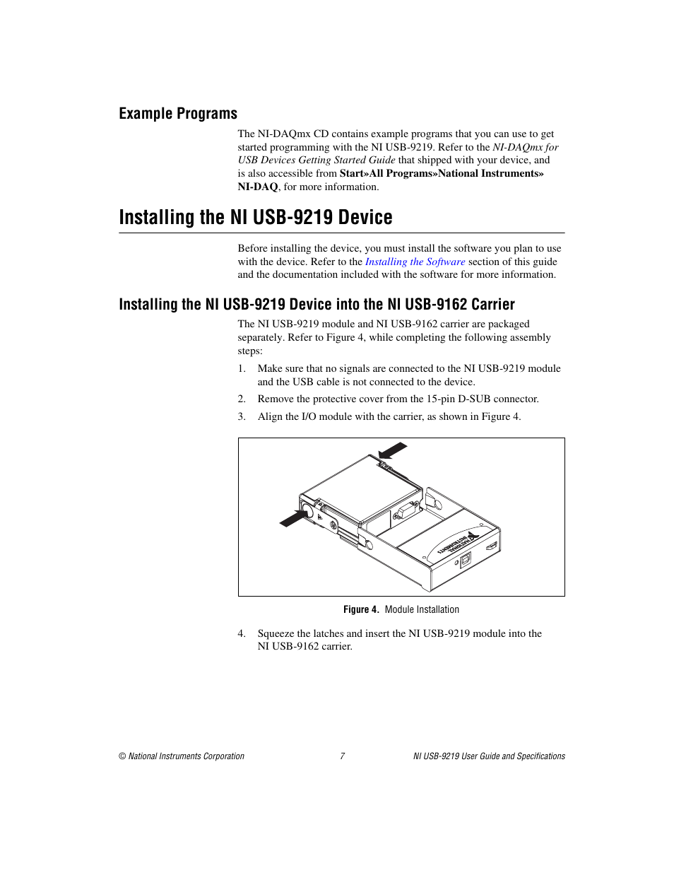 Example programs, Installing the ni usb-9219 device, Figure 4. module installation | National Instruments NI USB-9219 User Manual | Page 7 / 25