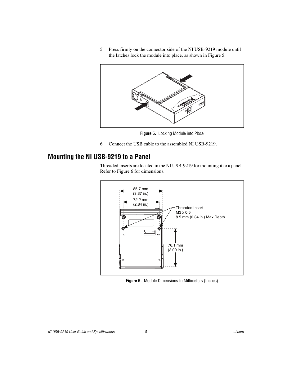 Figure 5. locking module into place, Mounting the ni usb-9219 to a panel | National Instruments NI USB-9219 User Manual | Page 8 / 25