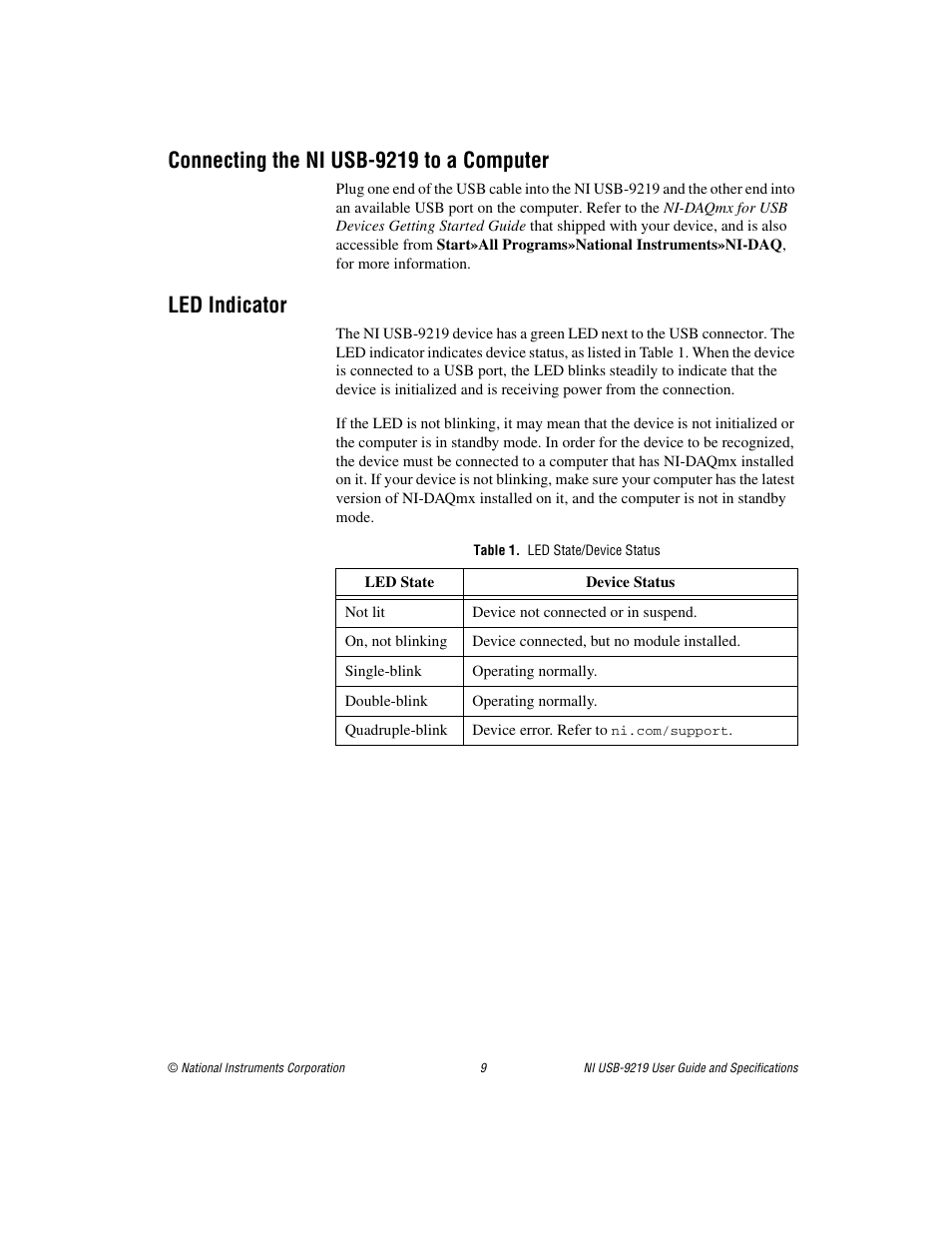 Connecting the ni usb-9219 to a computer, Led indicator, Table 1. led state/device status | National Instruments NI USB-9219 User Manual | Page 9 / 25