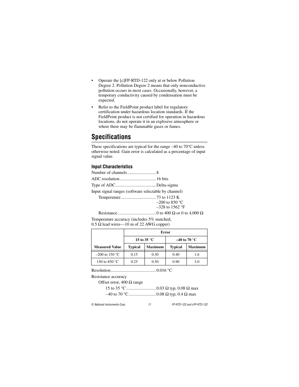 Specifications, Input characteristics | National Instruments FP-RTD-122 User Manual | Page 11 / 15
